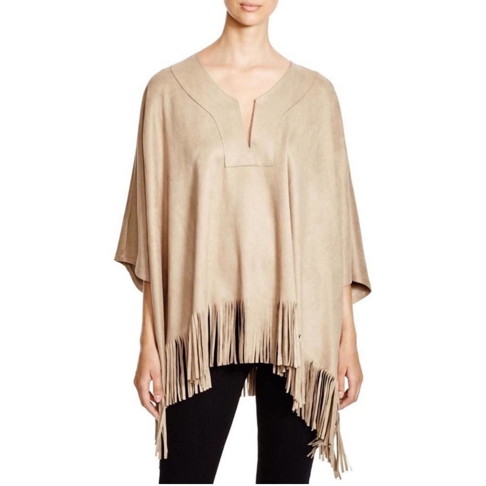Karen Kane Faux Suede Tan Fringe Cape Large